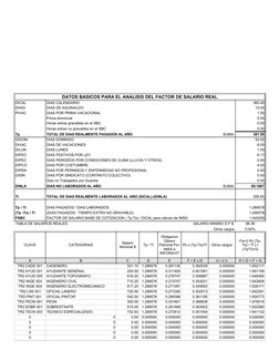 DATOS BASICOS PARA EL ANALISIS DEL FACTOR DE SALARIO REAL
DICAL
DIAS CALENDARIO
365.00
DIAGI
DIAS DE AGUINALDO
15.00
PIVAC
DI