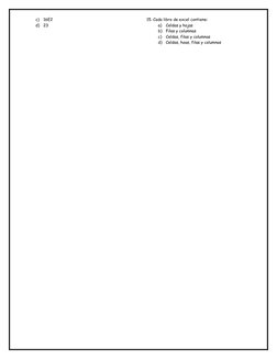 c)
16E2
d)
23
15. Cada libro de excel contiene: 
a)
Celdas y hojas
b)
Filas y columnas
c)
Celdas, filas y columnas
d)
Celdas,