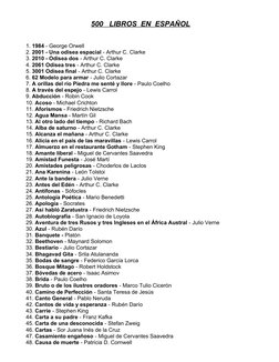 500   LIBROS  EN  ESPAÑOL
1. 1984 - George Orwell
2. 2001 - Una odisea espacial - Arthur C. Clarke
3. 2010 - Odisea dos - Art