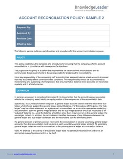 1
Source: www.knowledgeleader.com (http://www.knowledgeleader.com/) 
ACCOUNT RECONCILIATION POLICY: SAMPLE 2
Prepared By:
App