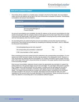 5
Source: www.knowledgeleader.com 
SIGN-OFFS & BINDER FORMAT
•
One binder will be created on a monthly basis. Included in the