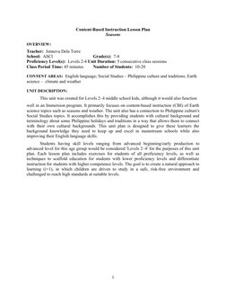 Content-Based Instruction Lesson Plan
Seasons
OVERVIEW:
Teacher:  Jenneva Dela Torre
School:  ASCl 
Grade(s):  7-8       
Pro