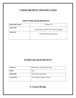 3. REQUIREMENT SPECIFICATION
         SOFTWARE REQUIREMENT
Operating System
Windows 10
Front End
Visual Studio Asp.Net 2010 w