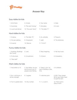 Answer Key
Easy riddles for kids
1. All of them.
2. A clock.
3. Your name.
4. Kate.
5. A promise.
6. The word “wrong.”
7. 2nd