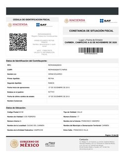 Página  [1] de [2] 
CEDULA DE IDENTIFICACION FISCAL 
RERH930626EK9
Registro Federal de Contribuyentes
HIRAM EDUARDO REYNA 
RA