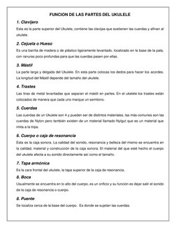 FUNCION DE LAS PARTES DEL UKULELE 
1. Clavijero 
Esta es la parte superior del Ukulele, contiene las clavijas que sostienen l