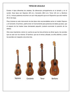 TIPOS DE UKULELE 
 
Existen 4 tipos diferentes de ukeleles. Se diferencian principalmente en el tamaño y en el 
sonido. Esos