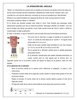 LA AFINACIÓN DEL UKELELE 
 
“Afinar” un instrumento de cuerda como el ukelele es el proceso de ajustar el tono de cada una 
d