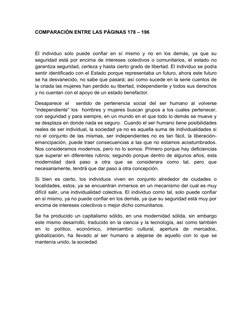 COMPARACIÓN ENTRE LAS PÁGINAS 178 – 196
El individuo solo puede confiar en sí mismo y no en los demás, ya que su
seguridad es