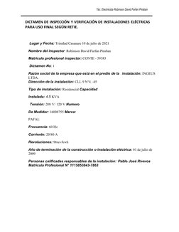 Téc. Electricista Robinson David Farfan Piraban 
DICTAMEN DE INSPECCIÓN Y VERIFICACIÓN DE INSTALACIONES ELÉCTRICAS 
PARA USO