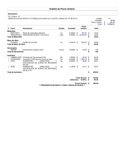 Análisis de Precio Unitario
Descripción
Clv. Usuario: 10
Unidad :
ml
Cantidad :
52.86
Precio unitario :
$
395.06
Total :
$
20