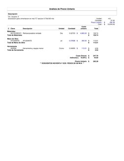 Análisis de Precio Unitario
Descripción
Clv. Usuario: 2
Unidad :
m3
Cantidad :
37.00
Precio unitario :
$
292.39
Total :
$
10,