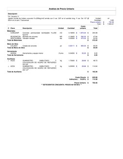 Análisis de Precio Unitario
Descripción
Clv. Usuario: 5
Unidad :
ml
Cantidad :
9.80
Precio unitario :
$
750.46
Total :
$
7,35