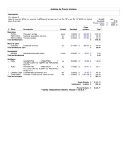 Análisis de Precio Unitario
Descripción
Clv. Usuario: 8
Unidad :
pza
Cantidad :
2.00
Precio unitario :
$
1,330.71
Total :
$
2