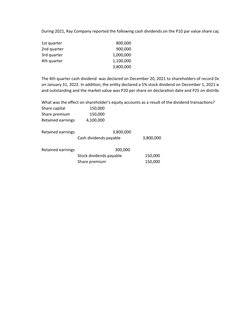 During 2021, Ray Company reported the following cash dividends on the P10 par value share capital:
1st quarter 
800,000
2nd q