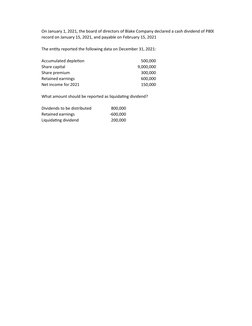 On January 1, 2021, the board of directors of Blake Company declared a cash dividend of P800,000 to shareholders
record on Ja
