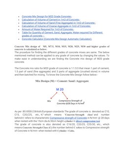 
Concrete Mix Design for M20 Grade Concrete:-
 
 

Calculation of Volume of Cement in 1m3
 
   of Concrete:-
 
 

Calculat