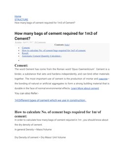 Home
STRUCTURE
How many bags of cement required for 1m3 of Cement?
How many bags of cement required for 1m3 of 
Cement?
 Kris