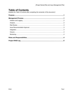 [Project Name] Risk and Issue Management Plan
Table of Contents
[Update this Table of Contents after completing the remainder