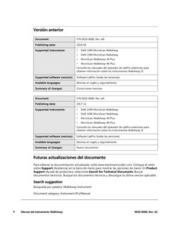 4
Manual del instrumento WalkAway
9020-8080, Rev. AC
Versión anterior
Futuras actualizaciones del documento
Para obtener la d