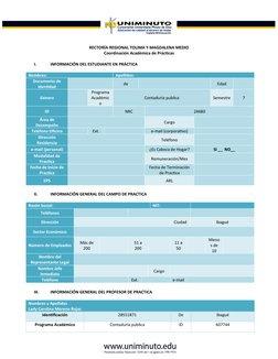 RECTORÍA REGIONAL TOLIMA Y MAGDALENA MEDIO
Coordinación Académica de Prácticas
I.
INFORMACIÓN DEL ESTUDIANTE EN PRÁCTICA
Nomb