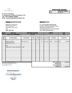 PO #
PO.0157.10.2021
Date 
03-Oct-21
Jl. Kemukus No. 32 Blok A-18 Jakarta 11110       
Email : purchasing@avtektransutama.com