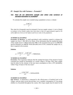 ~ 100 ~ 
 
 
IV - Sample Size with Variance – Formula C 
 
4.6. How do we determine sample size when only variance or 
standa