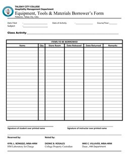 TALISAY CITY COLLEGE
Hospitality Management Department
Equipment, Tools & Materials Borrower’s Form
Poblacion, Talisay City,