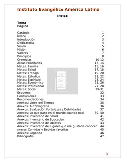 Instituto Evangélico América Latina
ÍNDICE
Tema
 
Página     
Carátula
1
Índice
2
Introducción
3
Dedicatoria
4
Visión
5
Misió