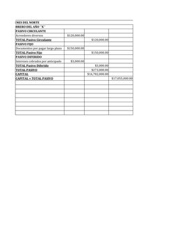 ALMACENES DEL NORTE
AL 18 DE FEBRERO DEL AÑO ``X``
PASIVO CIRCULANTE
Acreedores diversos
$120,000.00
TOTAL Pasivo Circulante