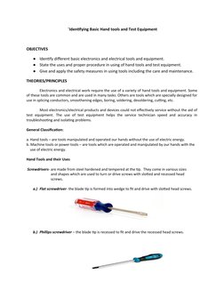 `Identifying Basic Hand tools and Test Equipment
OBJECTIVES
●
Identify different basic electronics and electrical tools and