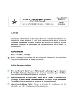 GESTION DE TALENTO HUMANO / SEGURIDAD Y
SALUD EN EL TRABAJO
Ficha: 2338870
Versión: 1
PLAN DE INTERVENCION DE RIESGO PSICOSOC