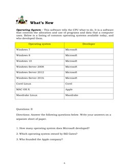 6 
 
  
  What’s New 
 
 
Operating System – This software tells the CPU what to do. It is a software 
that controls the allo