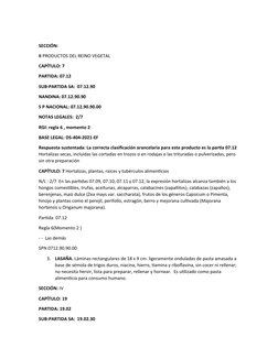 SECCIÓN:
II PRODUCTOS DEL REINO VEGETAL
CAPÍTULO: 7
PARTIDA: 07.12  
SUB-PARTIDA SA:  07.12.90
NANDINA: 07.12.90.90
S P NACIO