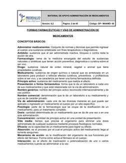 MATERIAL DE APOYO ADMINISTRACIÓN DE MEDICAMENTOS
Versión: 0,2
Página: 2 de 45
Código: GP– MAAMD- 08
FORMAS FARMACÉUTICAS Y VÍ