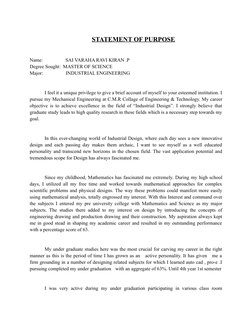 STATEMENT OF PURPOSE
Name:                      SAI VARAHA RAVI KIRAN .P
Degree Sought:  MASTER OF SCIENCE
Major:           