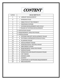 S.NO. 
 
DESCRIPTION 
 
 
 
1 
LIBRARY MANAGEMENT 
 
 
 
2 
INTRODUCTION 
 
 
 
3 
OBJECTIVE OF THE PROJECT