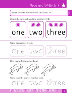 5
Read and Write to 3
Count the suns and read the number words.
How many dolphins are there?
Write over the correct number wo