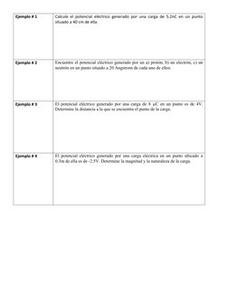 Ejemplo # 1
Calcule el potencial eléctrico generado por una carga de 5.2nC en un punto
situado a 40 cm de ella.
Ejemplo # 2
E