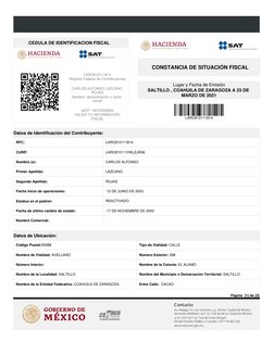 Página  [1] de [3] 
CEDULA DE IDENTIFICACION FISCAL 
LARC810111814
Registro Federal de Contribuyentes
CARLOS ALFONSO LAZCANO