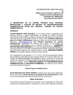 VICTOR MANUEL CRUZ VELAZCO. 
VS 
DIRECCION GENERAL ADJUNTA DE 
VERIFICACION PATRIMONIAL.  
EXPEDIENTE: 000020/2018 
RECURSO D
