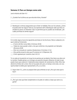 Semana 4: Para un tiempo como este
Lee la Historia de Ester 4-5
1. ¿Cuándo fue la última vez que estuviste triste y lloraste?