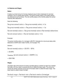 2 
NOSTT CXC CSEC Mathematics Lesson Summary:  Unit 4:  Lesson 6 
 
4.4 Salaries and Wages 
 
Salary 
 
A salary is a fixed a