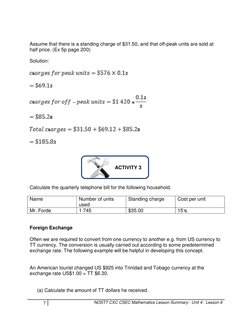 7 
NOSTT CXC CSEC Mathematics Lesson Summary:  Unit 4:  Lesson 6 
 
 
 
Assume that there is a standing charge of $31.50, and