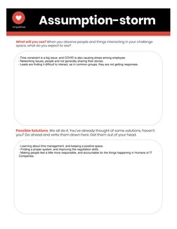 Assumption-storm
What will you see? When you observe people and things interacting in your challenge 
space, what do you expe