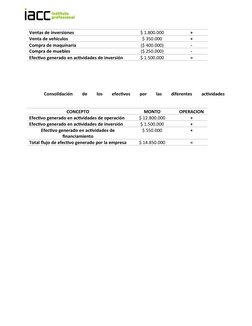 Ventas de inversiones
$ 1.800.000
+
Venta de vehículos
$ 350.000
+
Compra de maquinaria
($ 400.000)
-
Compra de muebles
($ 25