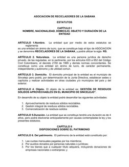 ASOCIACION DE RECICLADORES DE LA SABANA
ESTATUTOS
CAPÍTULO I
NOMBRE, NACIONALIDAD, DOMICILIO, OBJETO Y DURACIÓN DE LA
ENTIDAD