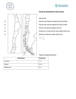 Colorea las características de Chile.(5 puntos)
Instrucciones:
a)
Pinta de color amarillo las regiones de la Zona Norte.
b)
P