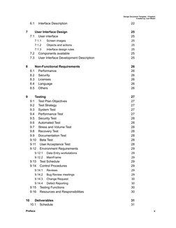 Design Document Template - Chapters 
Created by: Ivan Walsh  
6.1 
Interface Description 
22 
7 
User Interface Design 
25 
7