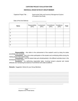 CAPSTONE PROJECT EVALUATION FORM
 
INDIVIDUAL GRADE RATED BY GROUP MEMBER
Capstone Project Title
:
Supermarket Sales and Inve